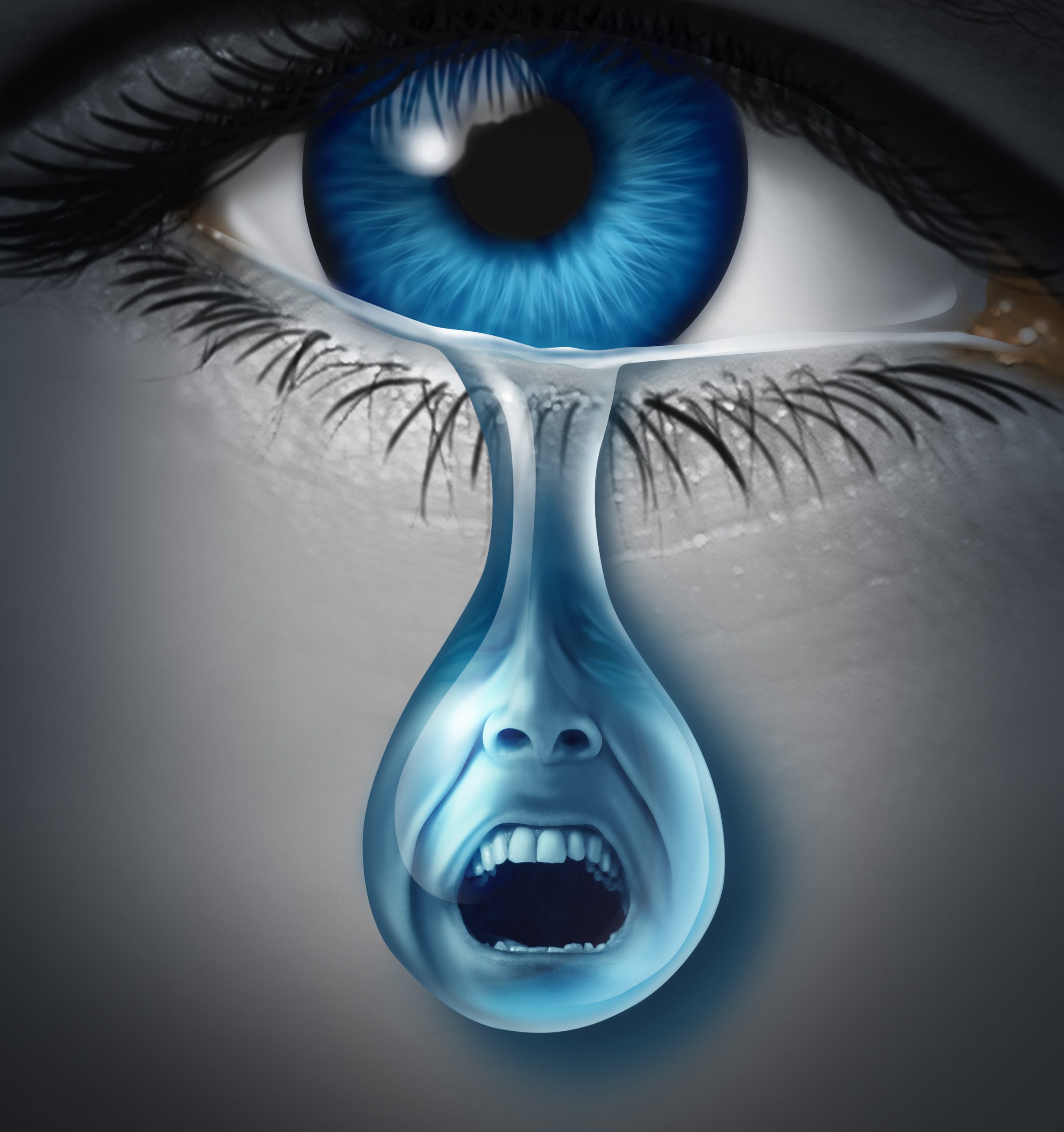 Distress and suffering with a human eye crying a single tear drop with a screaming facial expression of anguish and pain due to grief or emotional loss or business burnout